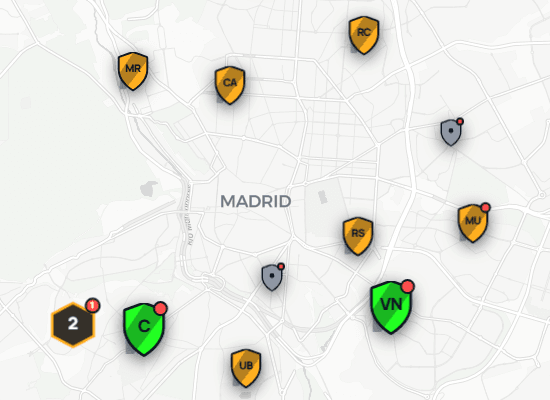 Mapa de Madrid con los clubes por nivel